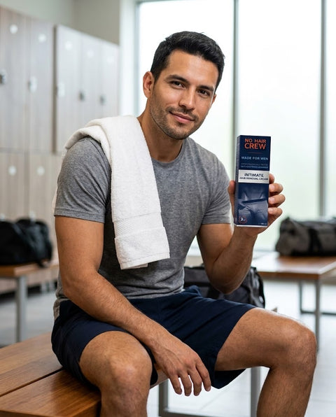 Hombre en el vestuario del gimnasio con la caja NO HAIR CREW (foto ilustrativa)