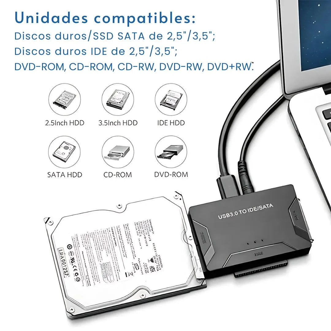 ULTRADRIVE® ADAPTADOR DE DISCO DURO USB 3,0 SATA- IDE CONVERTIDOR 2,5/3,5 IDE SATA HDD SSD - 12V 2A