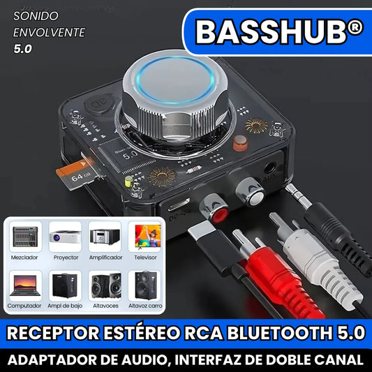 BASSHUB® RECEPTOR ESTEREO RCA, BLUETOOTH 5.0  ADAPTADOR DE MUSICA 3D