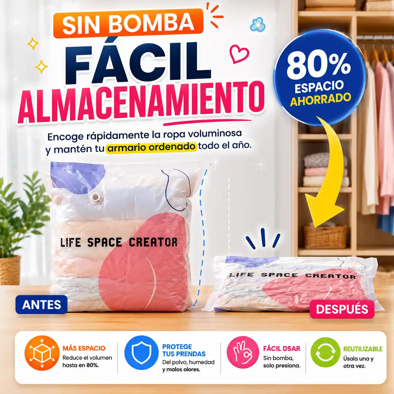 ORDENAX®Bolsas de almacenamiento al vacío 3D sin bomba