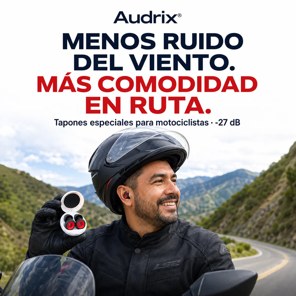 Audrix® — Tapones Antiruido para Motociclistas 27dB | Menos Viento, Más Comodidad en Ruta