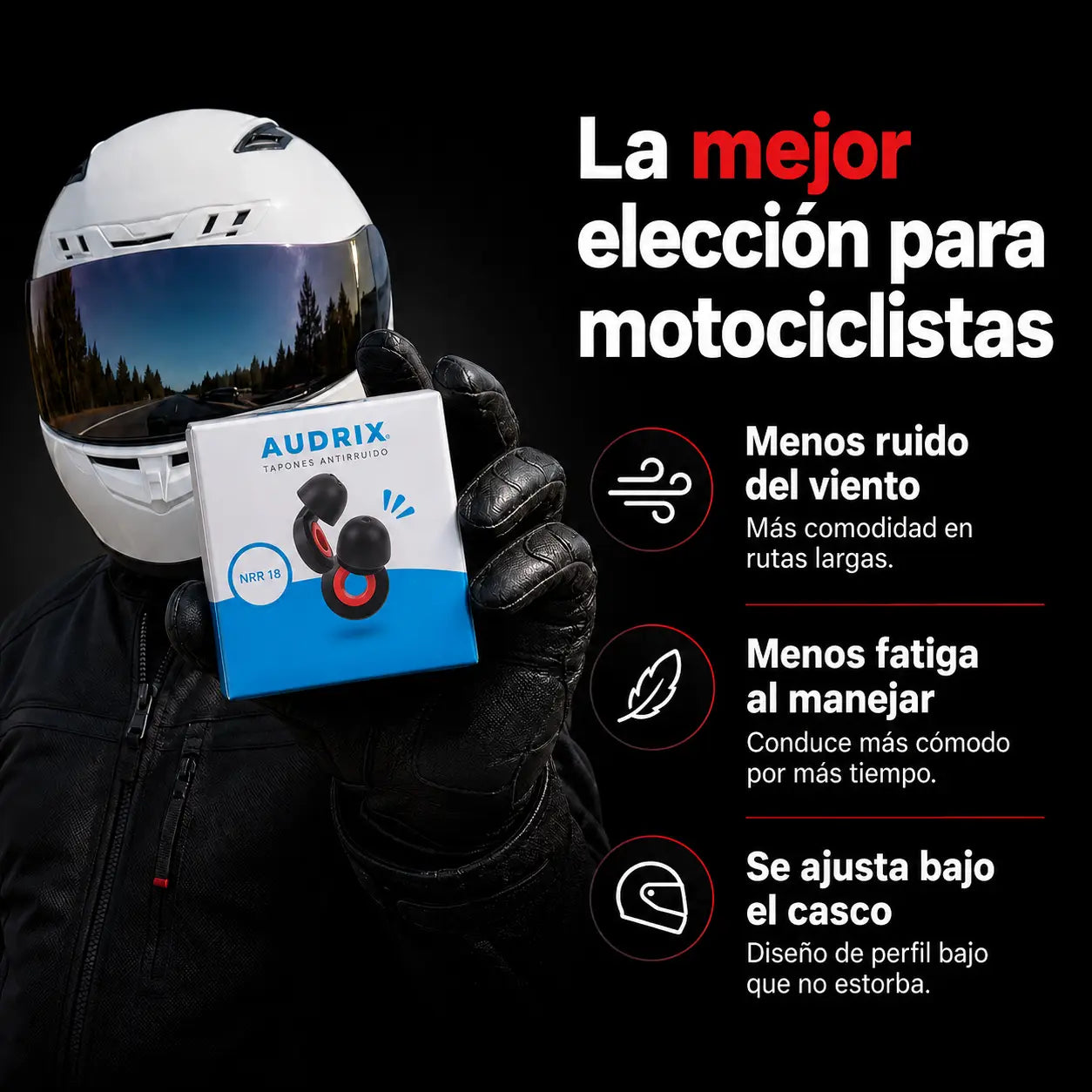 Audrix® — Tapones Antiruido para Motociclistas 27dB | Menos Viento, Más Comodidad en Ruta