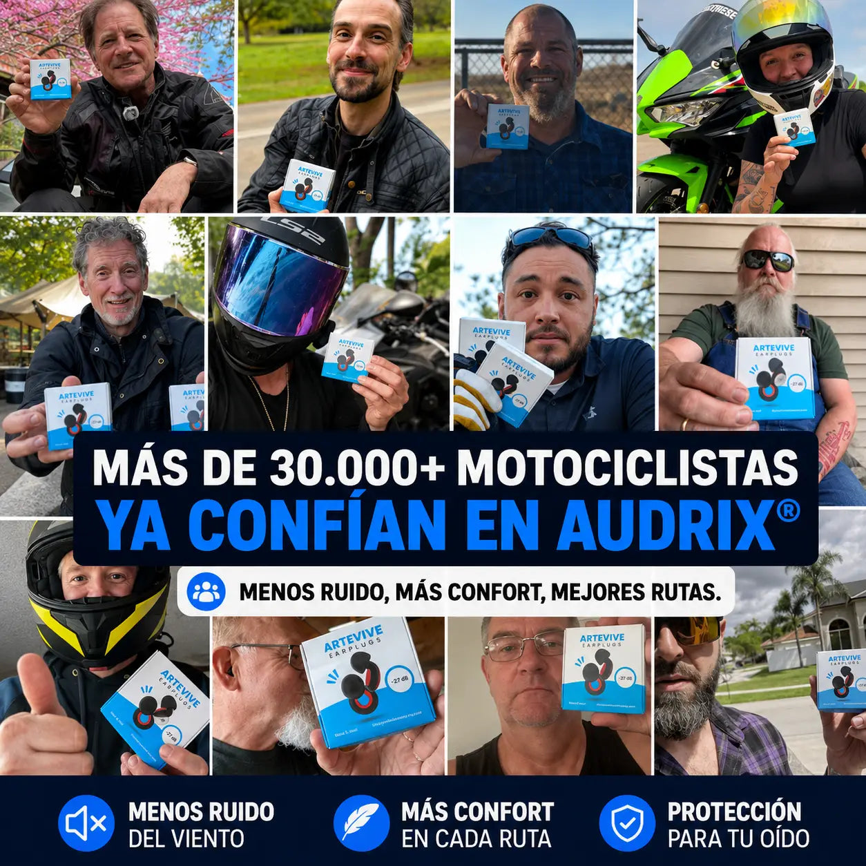 Audrix® — Tapones Antiruido para Motociclistas 27dB | Menos Viento, Más Comodidad en Ruta
