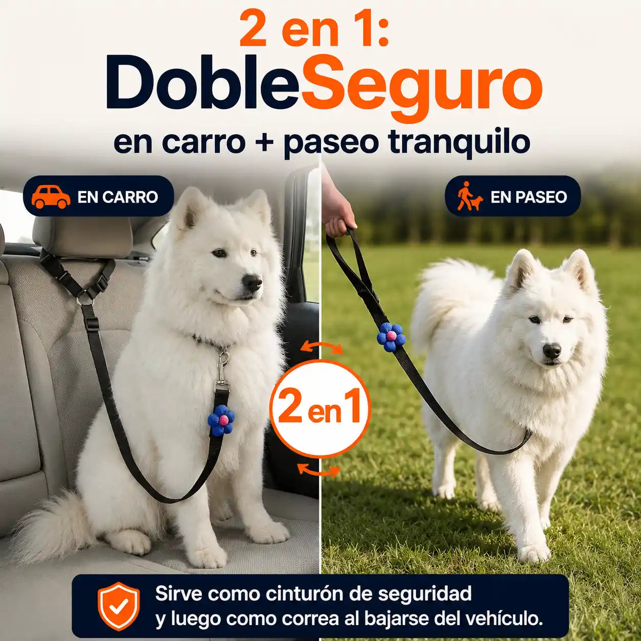 PawGo® Cinturón de seguridad y correa ajustables 2 en 1 para perros