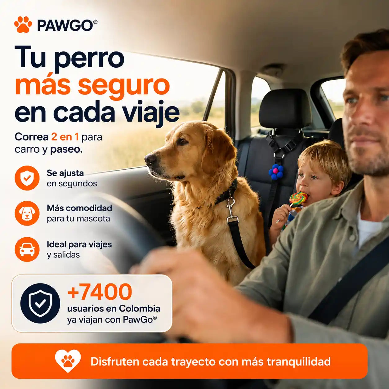 PawGo® Cinturón de seguridad y correa ajustables 2 en 1 para perros