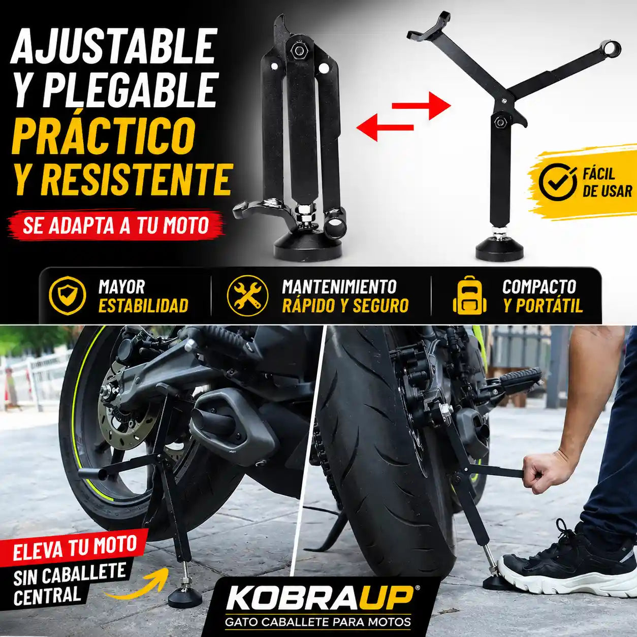 KOBRAUP® GATO CABALLETE PARA MOTOS EN ACERO CARBONADO