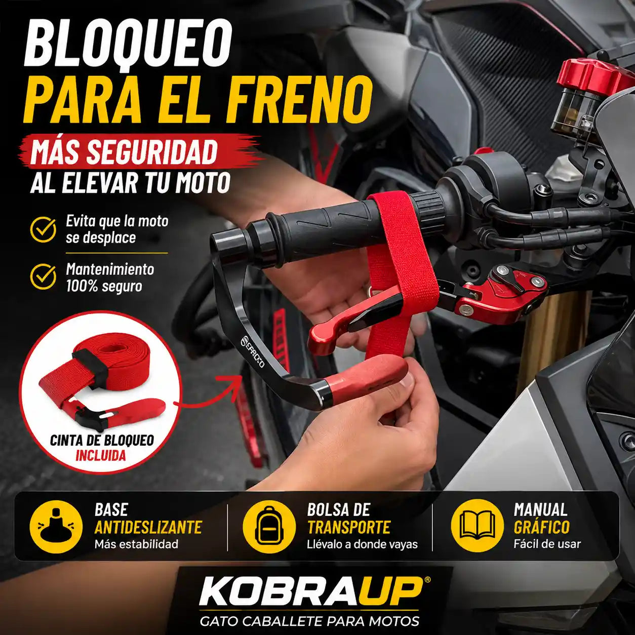 KOBRAUP® GATO CABALLETE PARA MOTOS EN ACERO CARBONADO