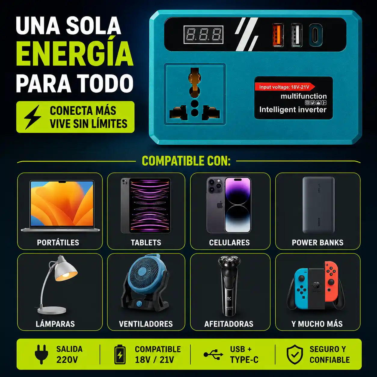 EnerMax® Inversor Convertidor De Baterias 220V