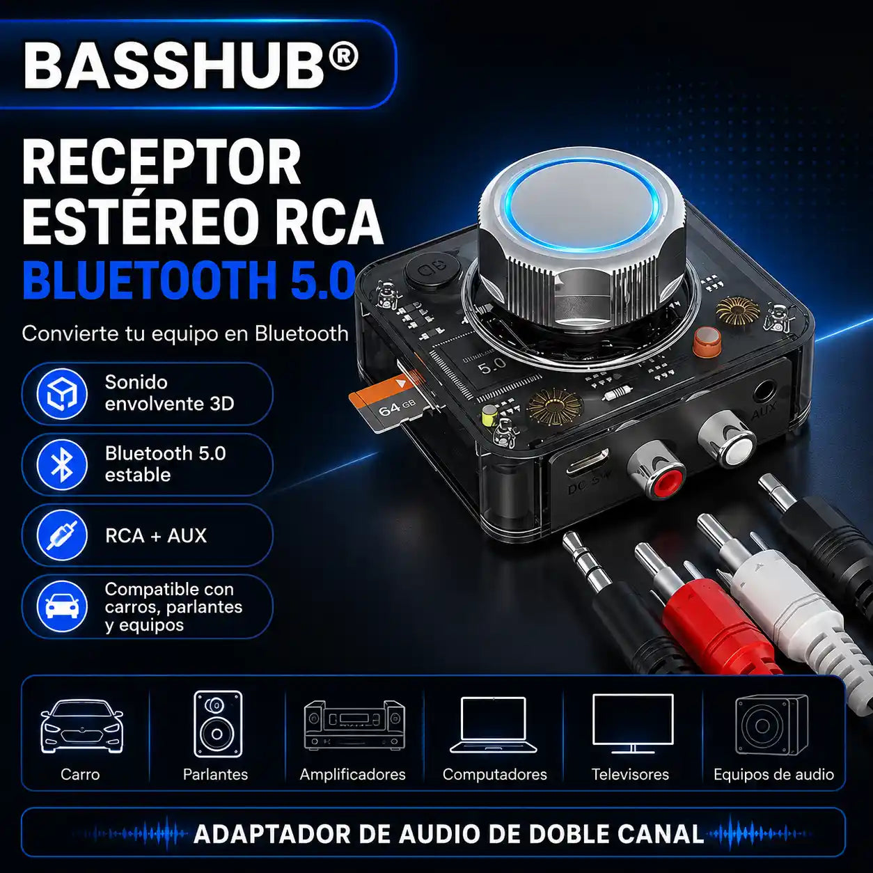 BASSHUB® RECEPTOR ESTEREO RCA, BLUETOOTH 5.0 ADAPTADOR DE MUSICA 3D