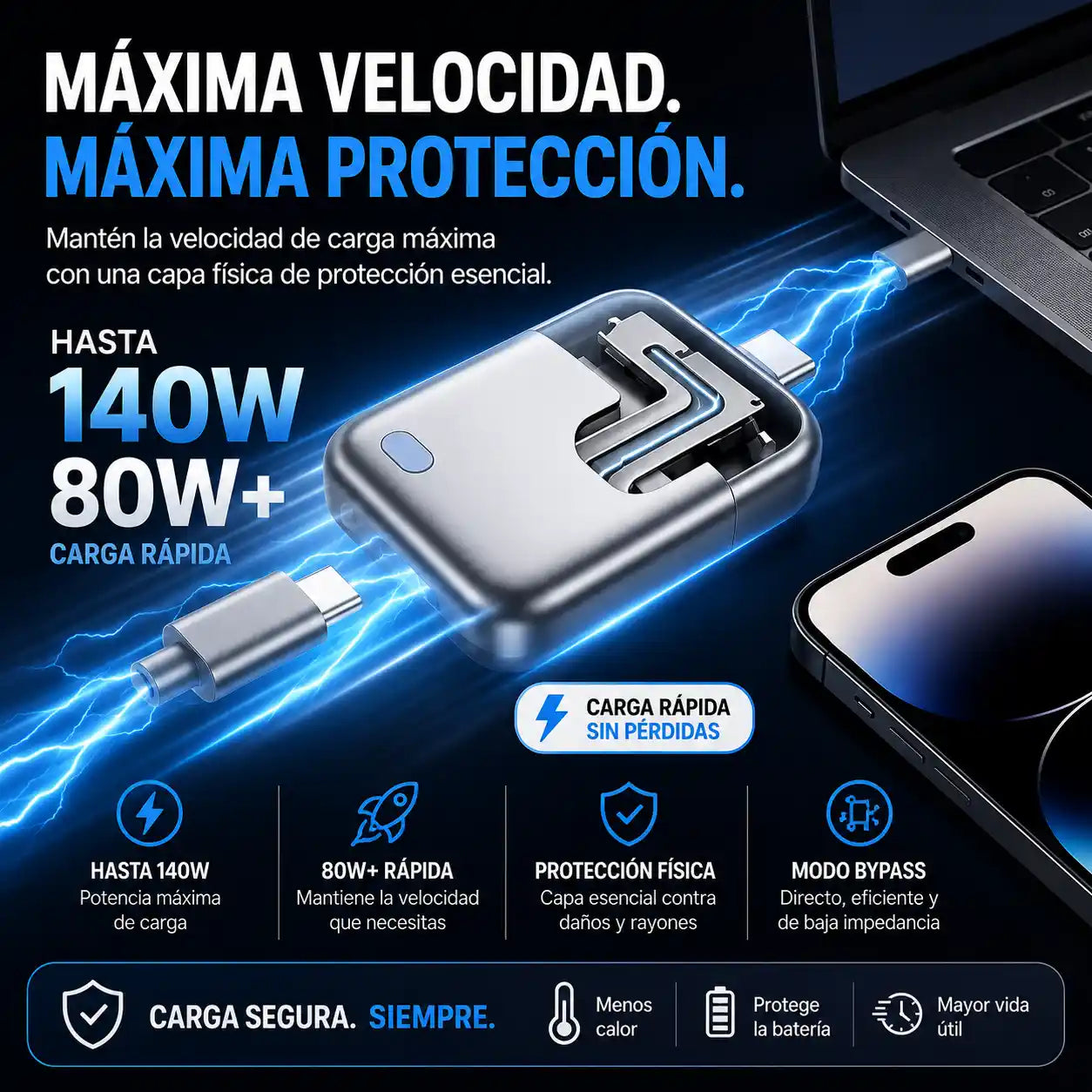 AutoCut 140W® Adaptador/desconector inteligente USB-C PD Carga rápida 140 W con IA