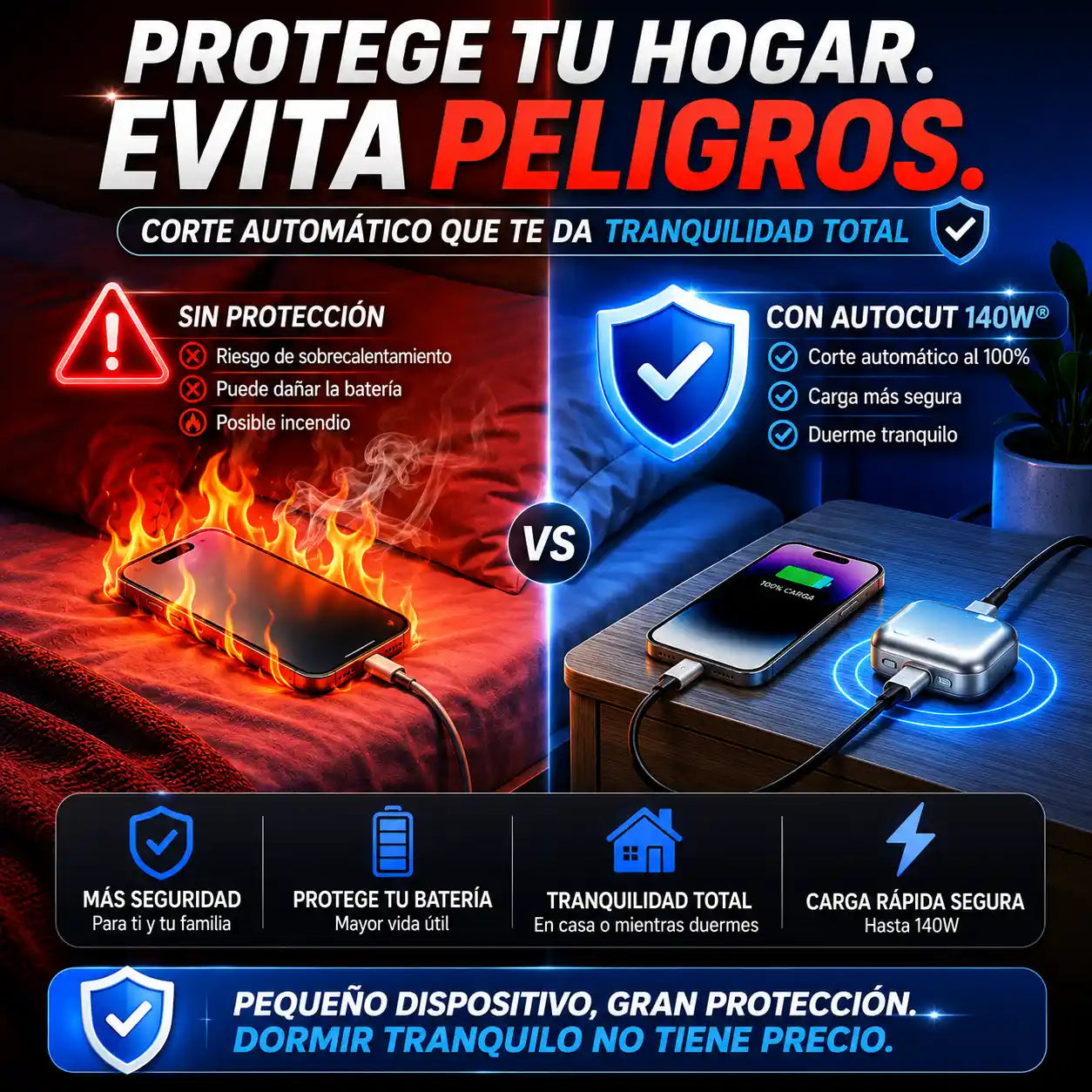 AutoCut 140W® Adaptador/desconector inteligente USB-C PD Carga rápida 140 W con IA