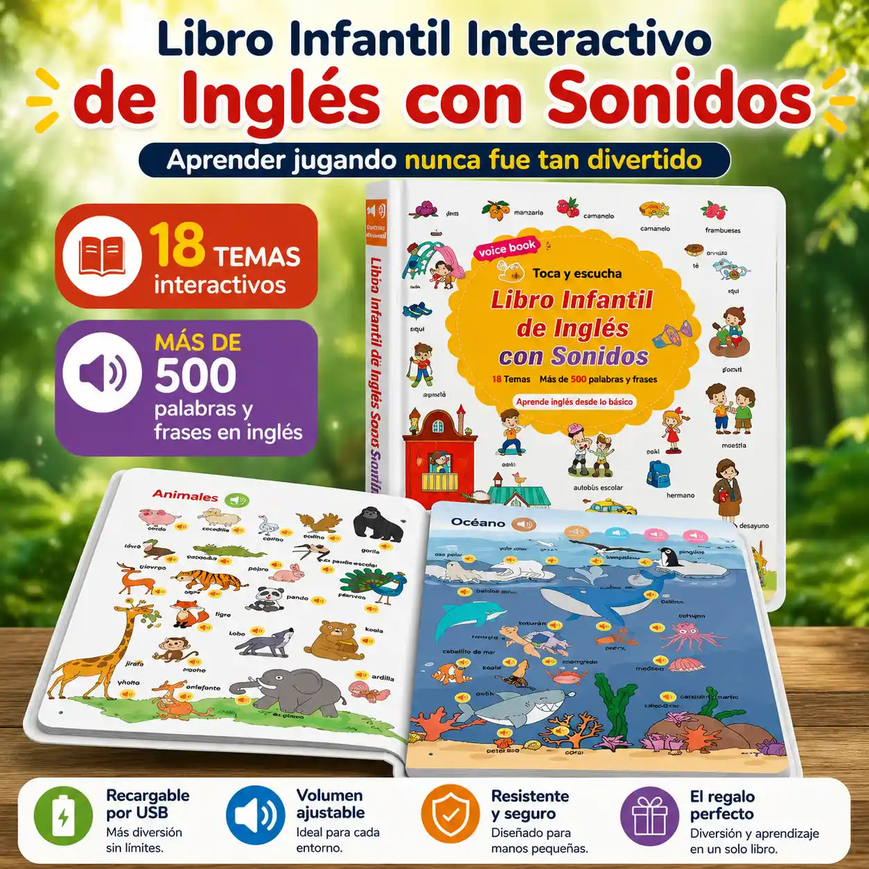 LingoKids®  Libro infantil interactivo de inglés con sonido, táctil, 18 temas y más de 500 palabras/frases.