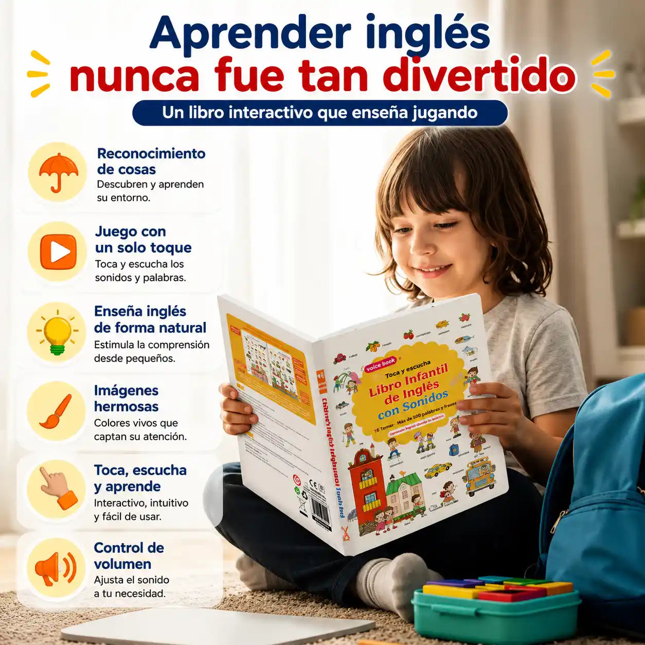 LingoKids®  Libro infantil interactivo de inglés con sonido, táctil, 18 temas y más de 500 palabras/frases.
