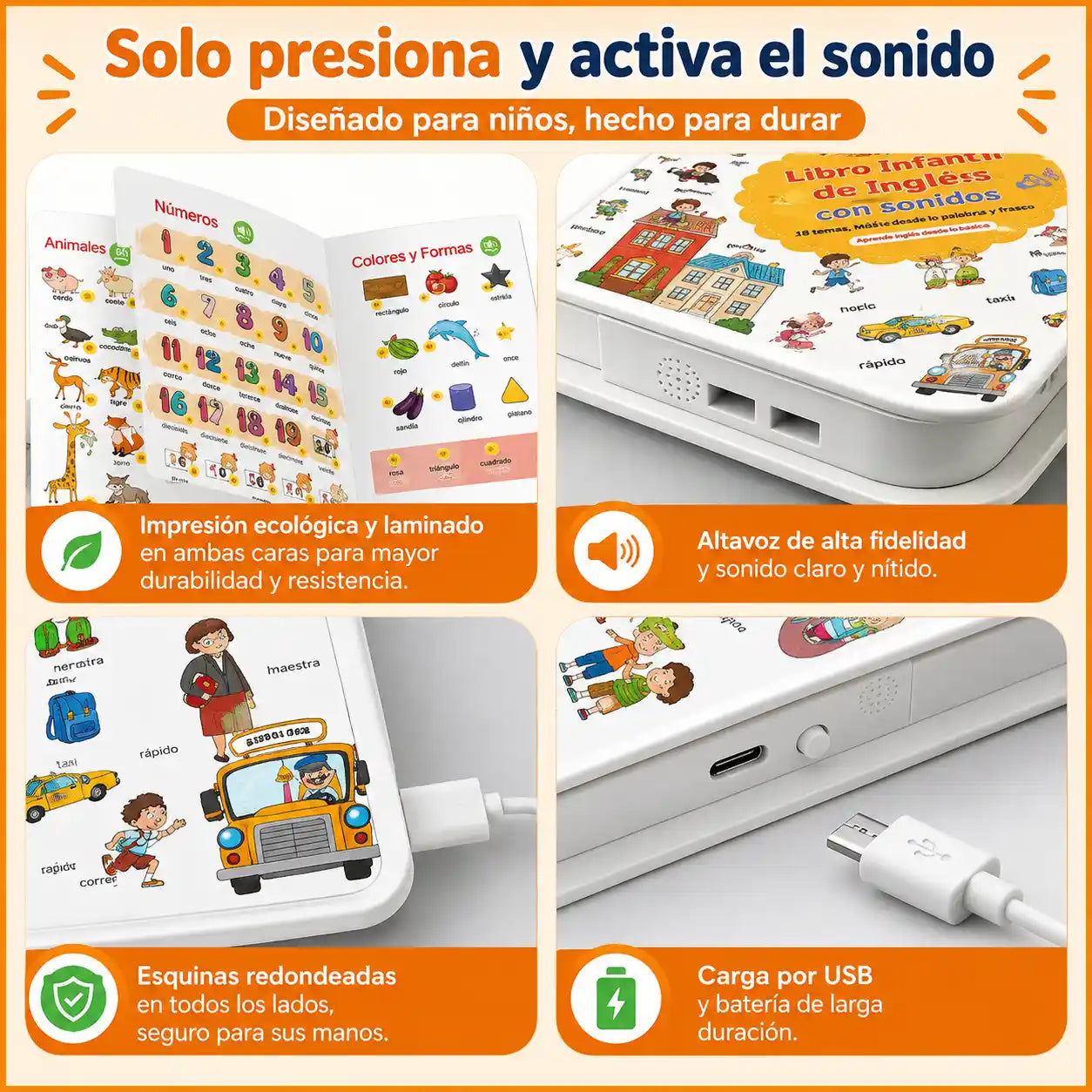 LingoKids®  Libro infantil interactivo de inglés con sonido, táctil, 18 temas y más de 500 palabras/frases.