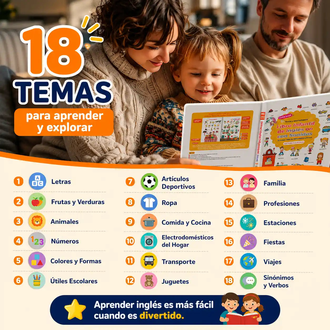 LingoKids®  Libro infantil interactivo de inglés con sonido, táctil, 18 temas y más de 500 palabras/frases.
