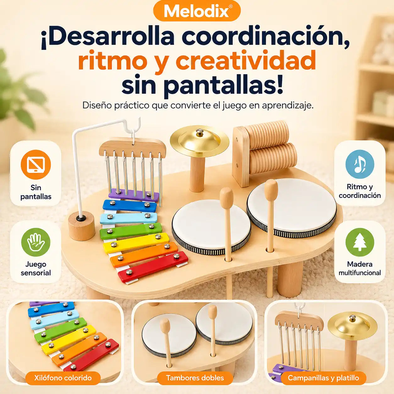 Melodix®  Set musical Bateria Multifuncional Montessori Desarrolla coordinación, ritmo y creatividad sin pantallas