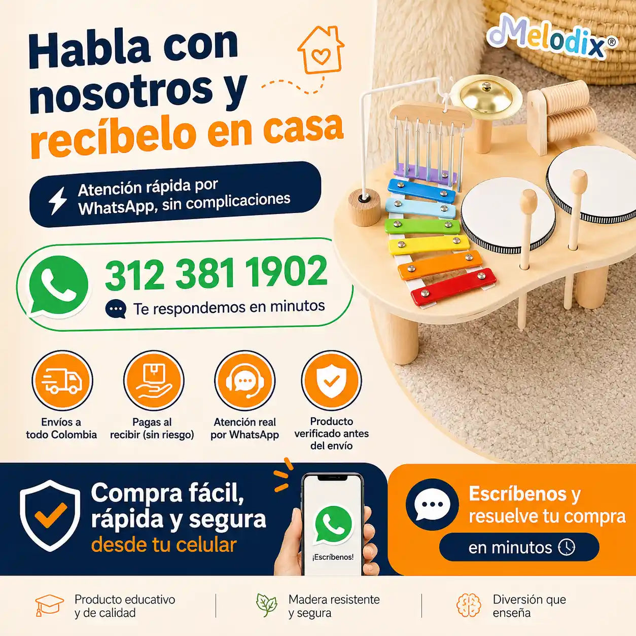 Melodix®  Set musical Bateria Multifuncional Montessori Desarrolla coordinación, ritmo y creatividad sin pantallas