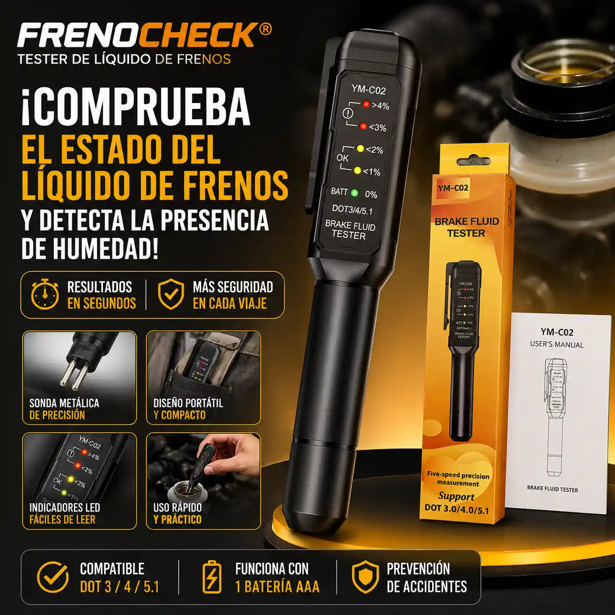 FRENOCHECK® Tester de líquido de frenos YM-C02 Revisa el estado del líquido de frenos en segundos, sin ir al taller.
