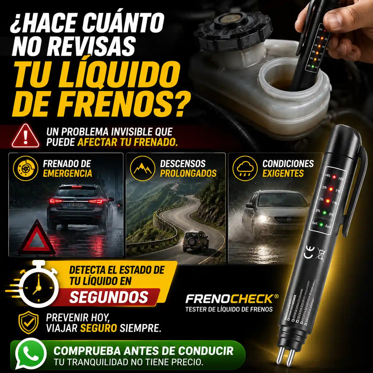 FRENOCHECK® Tester de líquido de frenos YM-C02 Revisa el estado del líquido de frenos en segundos, sin ir al taller.