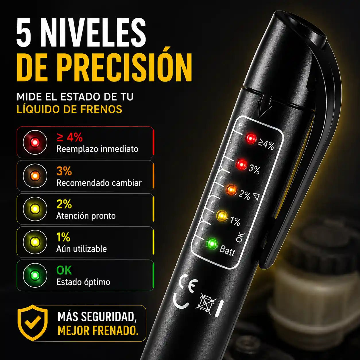FRENOCHECK® Tester de líquido de frenos YM-C02 Revisa el estado del líquido de frenos en segundos, sin ir al taller.