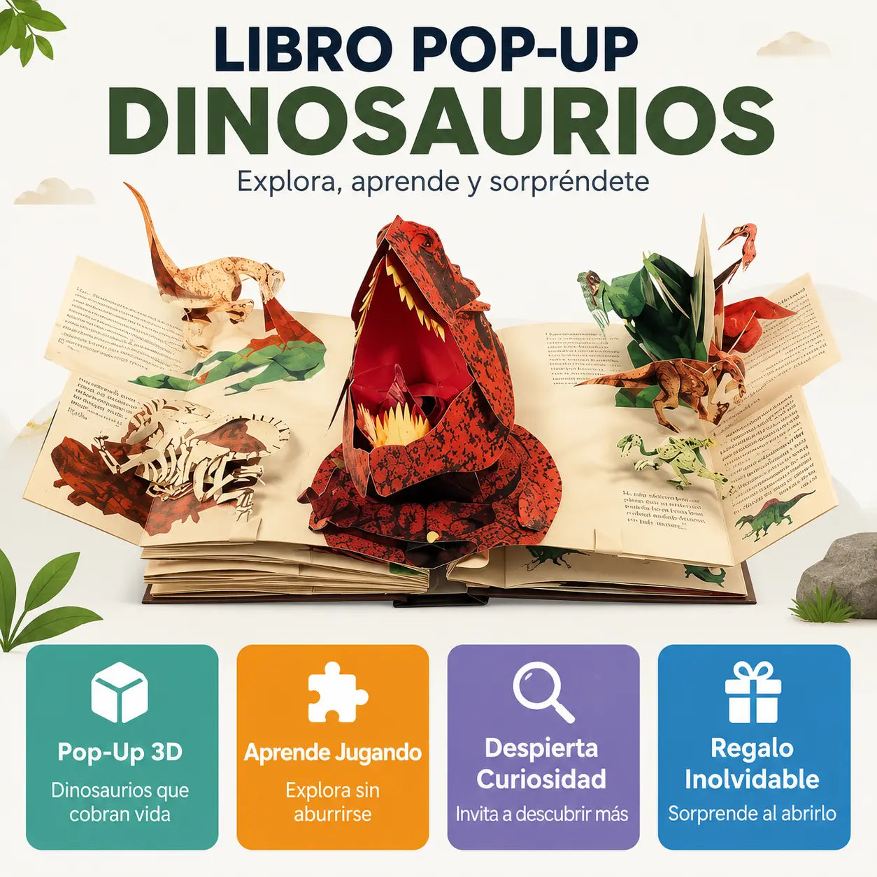 Dinobook® Enciclopedia de dinosaurios prehistóricos en Pop-Up 3D