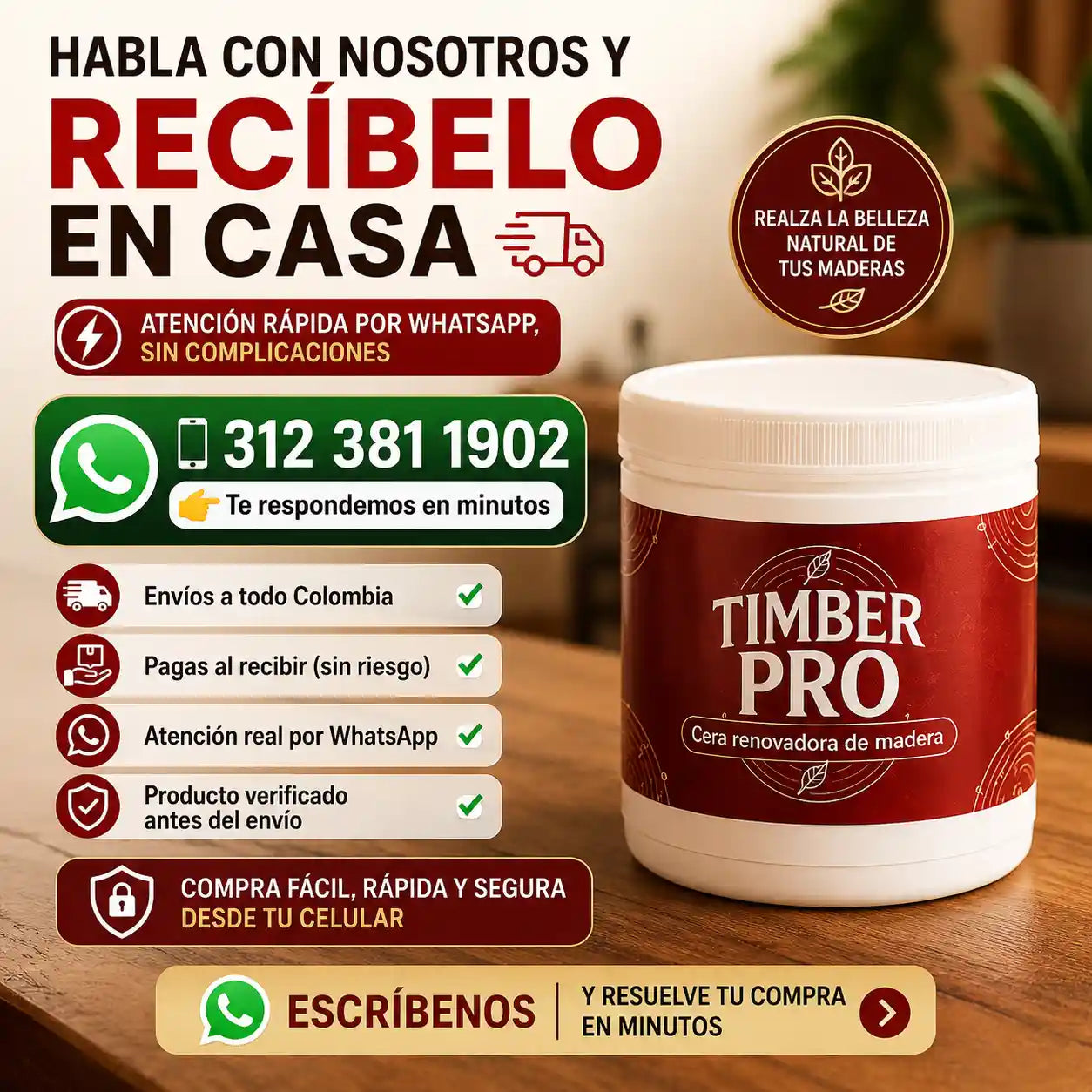 Timberpro® Cera Renovadora De Madera Recupera tus muebles al instante