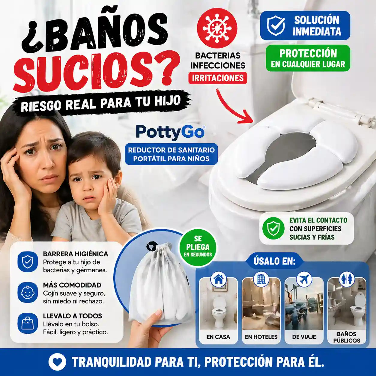 PottyGo® Reductor De Sanitario Portátil Para Niños para viajes al aire libre, para hotel, para el hogar, Asiento antideslizante.