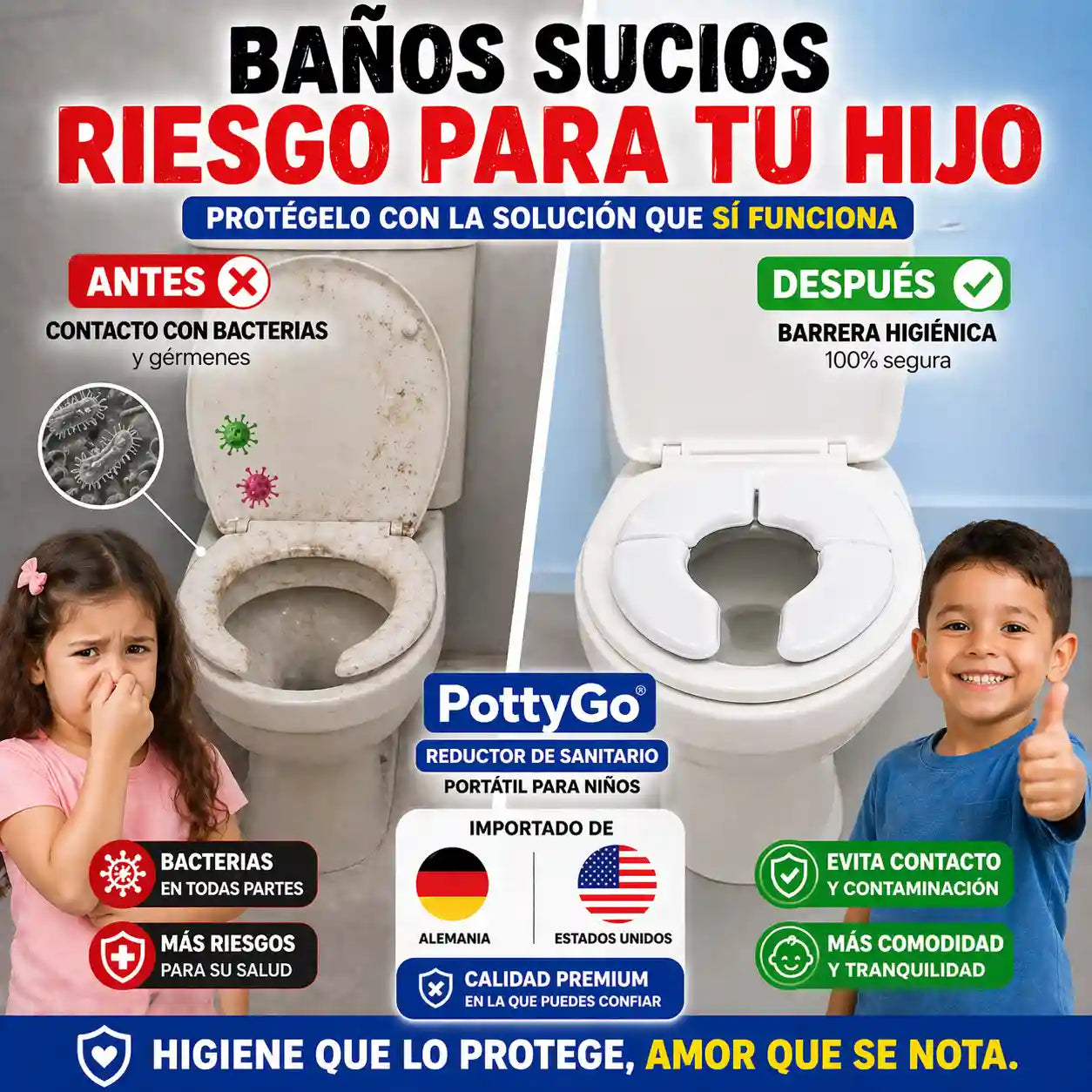 PottyGo® Reductor De Sanitario Portátil Para Niños para viajes al aire libre, para hotel, para el hogar, Asiento antideslizante.