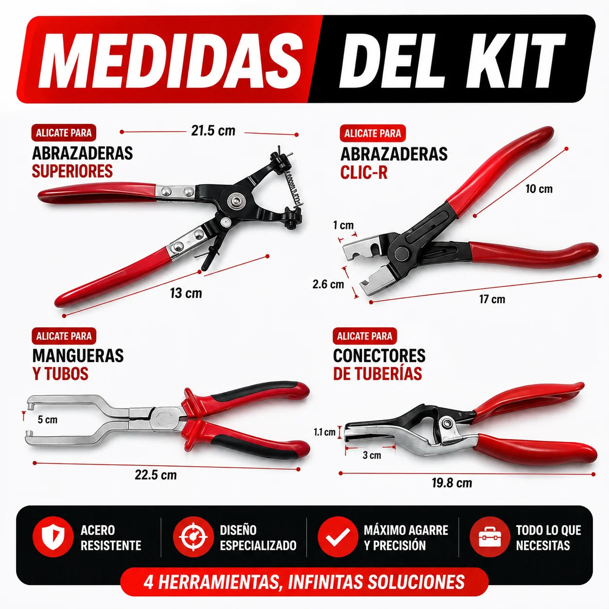 Clampix® kit de 4 herramientas especializadas para desmontar mangueras, abrazaderas y conexiones automotrices