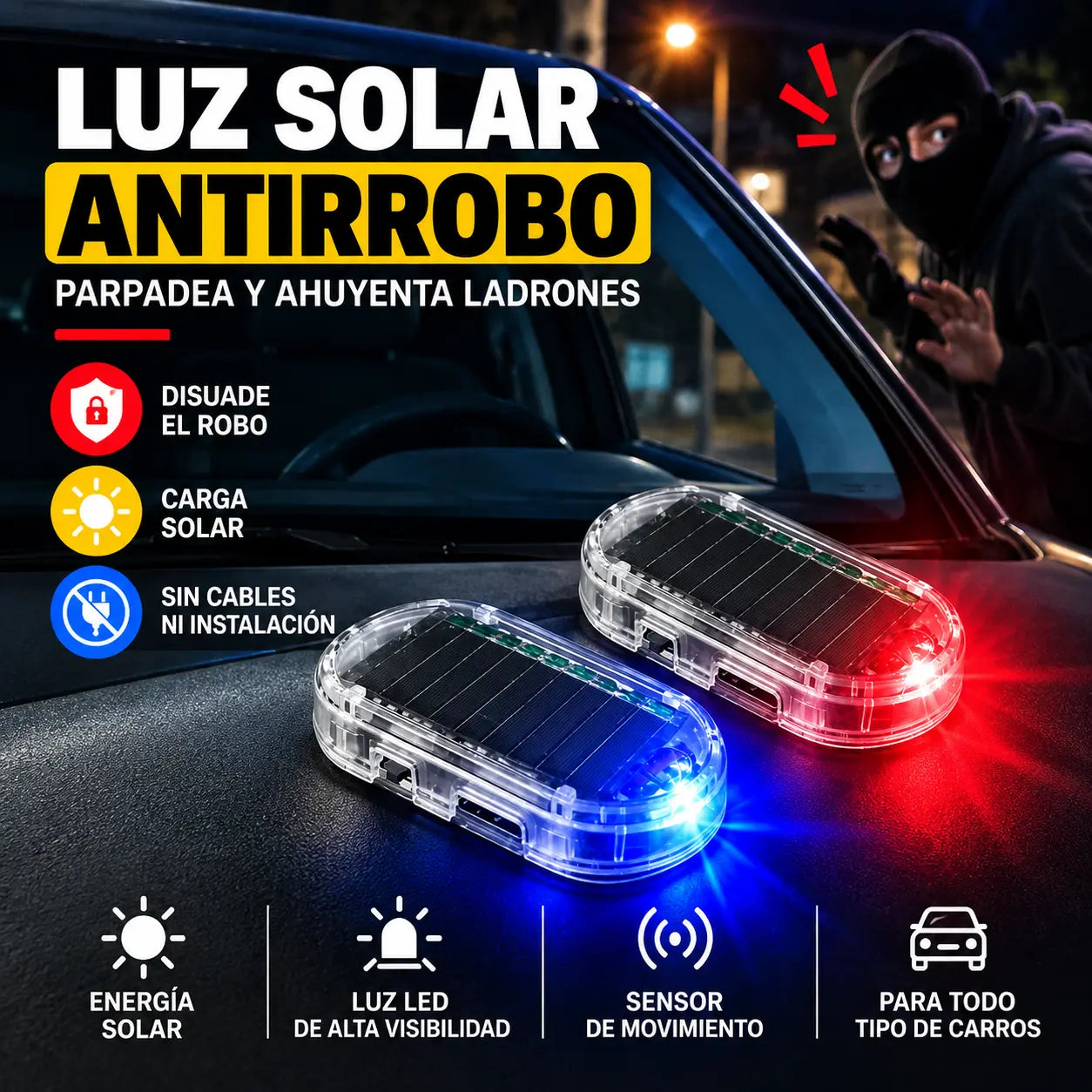 VIGLUX® | Luz Solar Antirrobo con Apariencia Policial para Carros
