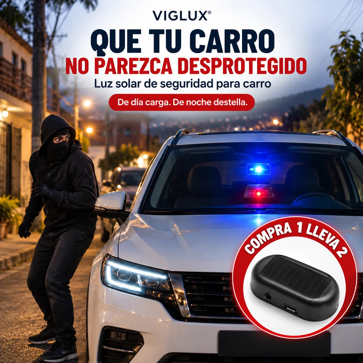 VIGLUX® | Luz Solar Antirrobo con Apariencia Policial para Carros