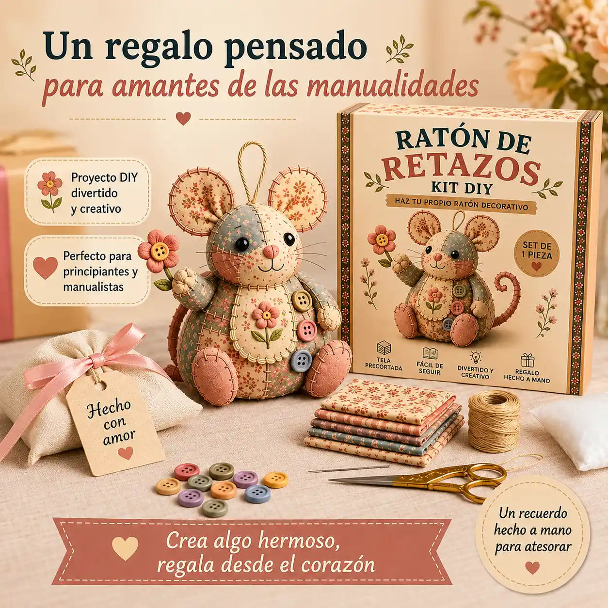 Mousy® Kit de costura artesanal DIY / Crea tu propio ratoncito decorativo mientras te relajas, paso a paso.