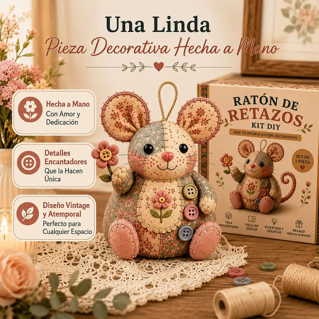 Mousy® Kit de costura artesanal DIY / Crea tu propio ratoncito decorativo mientras te relajas, paso a paso.