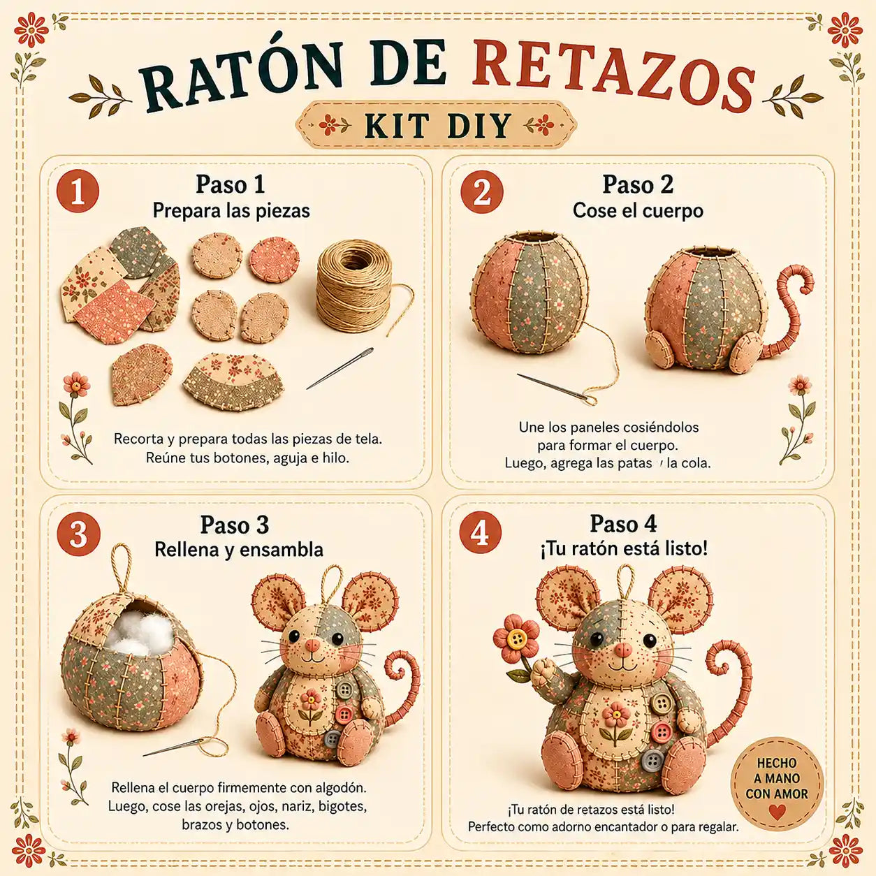 Mousy® Kit de costura artesanal DIY / Crea tu propio ratoncito decorativo mientras te relajas, paso a paso.