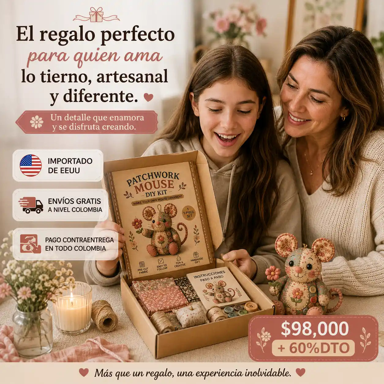 Mousy® Kit de costura artesanal DIY / Crea tu propio ratoncito decorativo mientras te relajas, paso a paso.