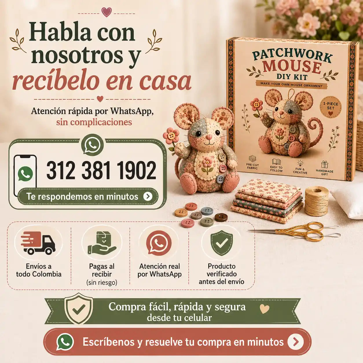 Mousy® Kit de costura artesanal DIY / Crea tu propio ratoncito decorativo mientras te relajas, paso a paso.