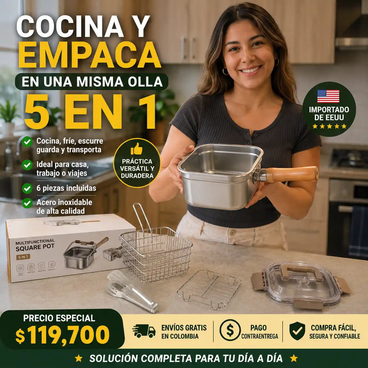 KITCHEF® Olla Cuadrada Acero Con Cesta Y Pinzas 2.5LT