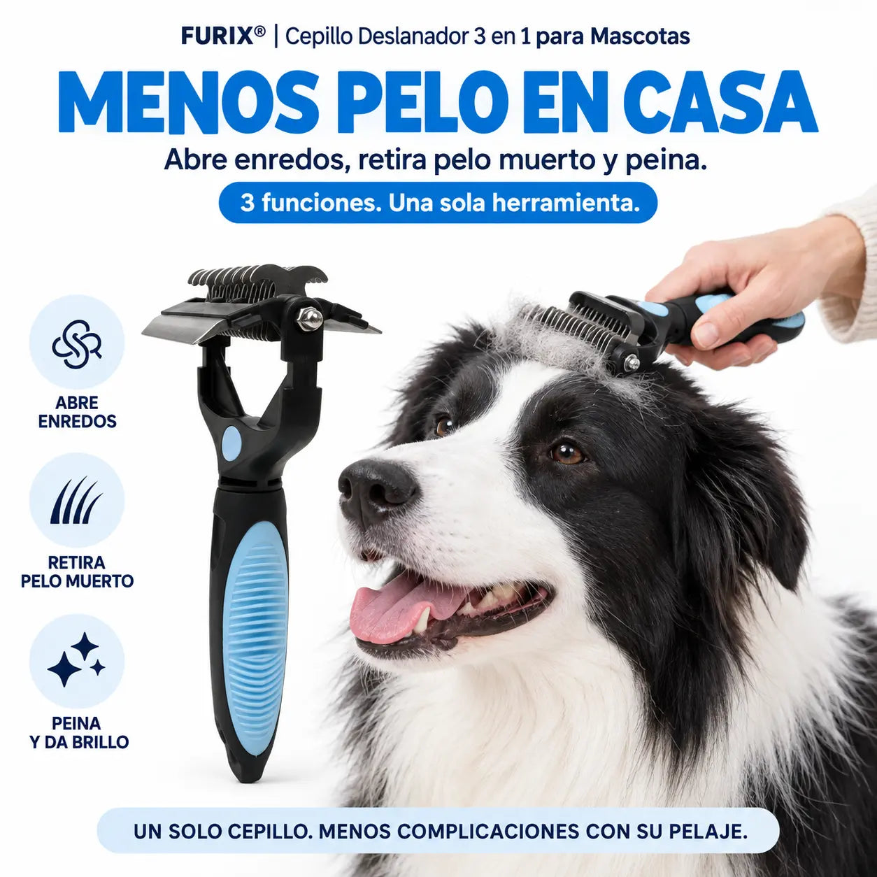 FURIX® | Cepillo Deslanador 3 en 1 para Perros y Gatos, Retira el pelo muerto, Desenreda y Peina.