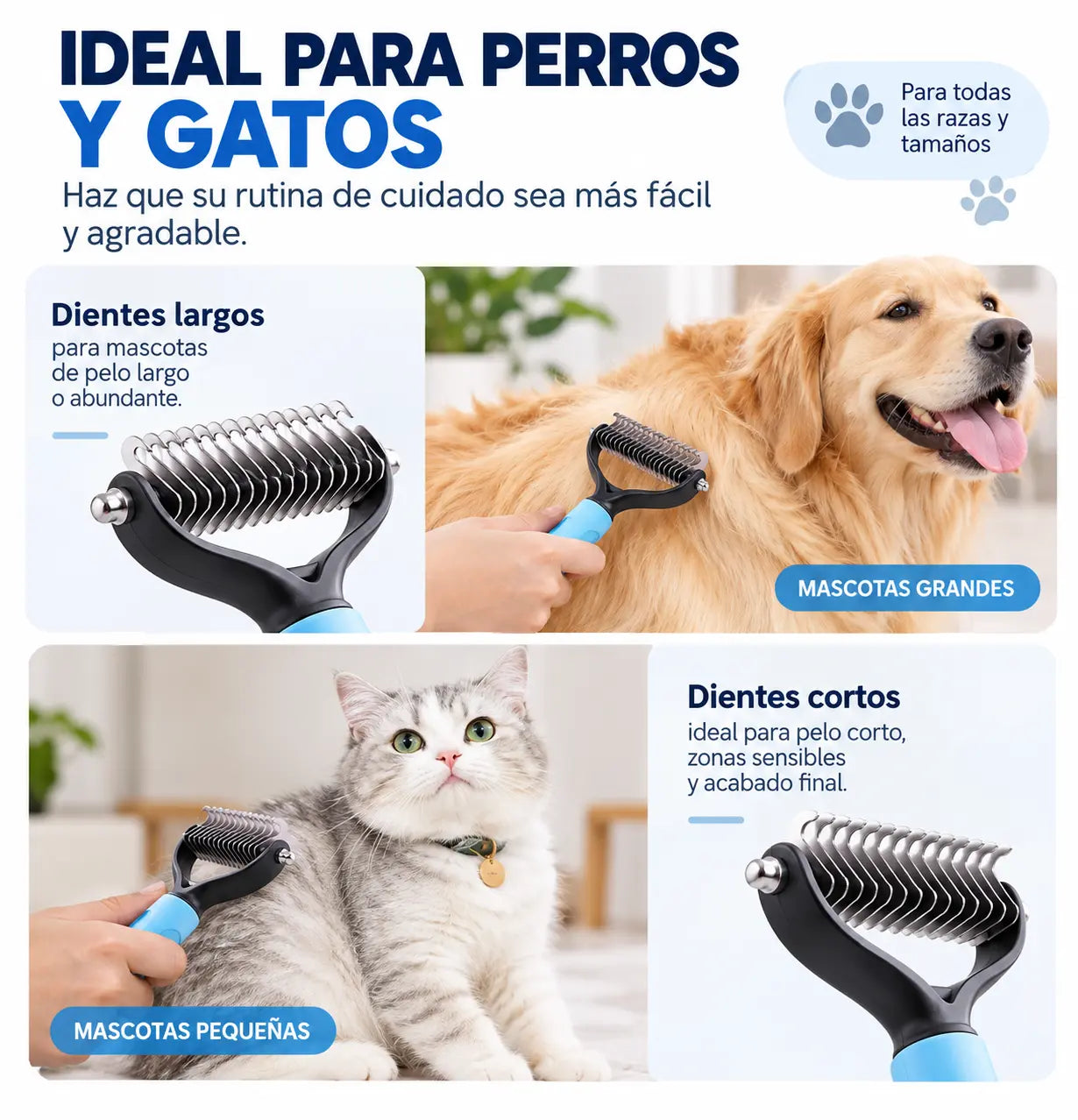 FURIX® | Cepillo Deslanador 3 en 1 para Perros y Gatos, Retira el pelo muerto, Desenreda y Peina.