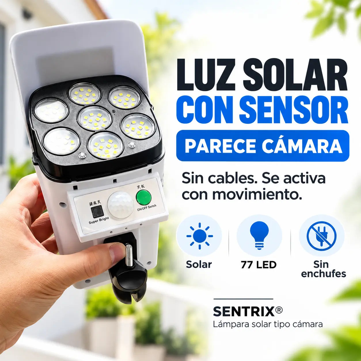 SENTRIX® Lampara Solar Camara CCTV Falsa Sensor 77 Led