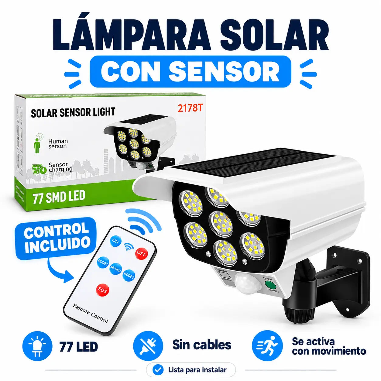 SENTRIX® Lampara Solar Camara CCTV Falsa Sensor 77 Led
