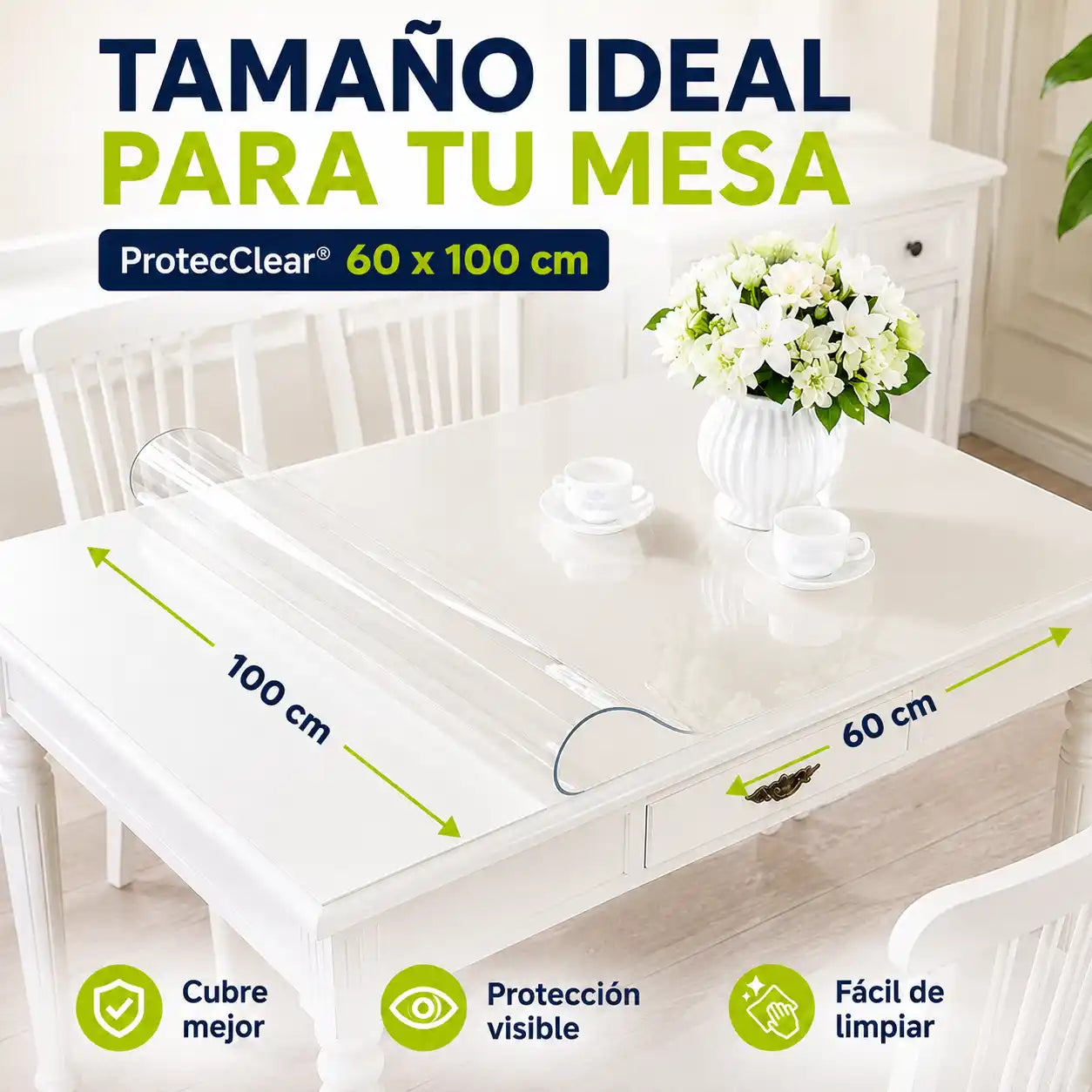 ProtecClear® Mantel Transparente Proteccion Invisible para mesas y Encimeras, Protección impermeable contra manchas y arañazos para cualquier superficie.