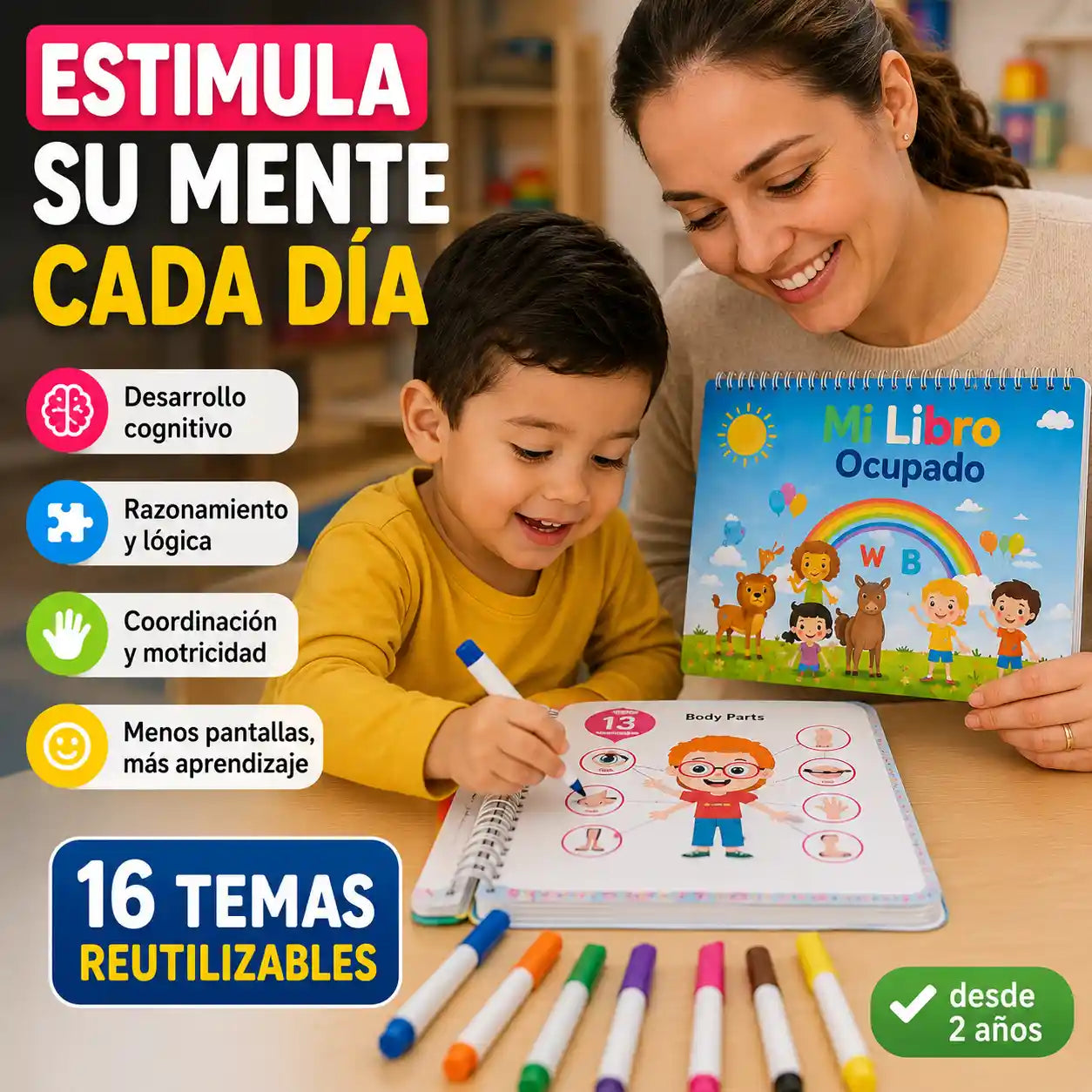 Montessorix® Libro de Entretenimiento Educativo 16 temas, actividades reutilizables + 8 marcadores borrables para niños desde 2 años