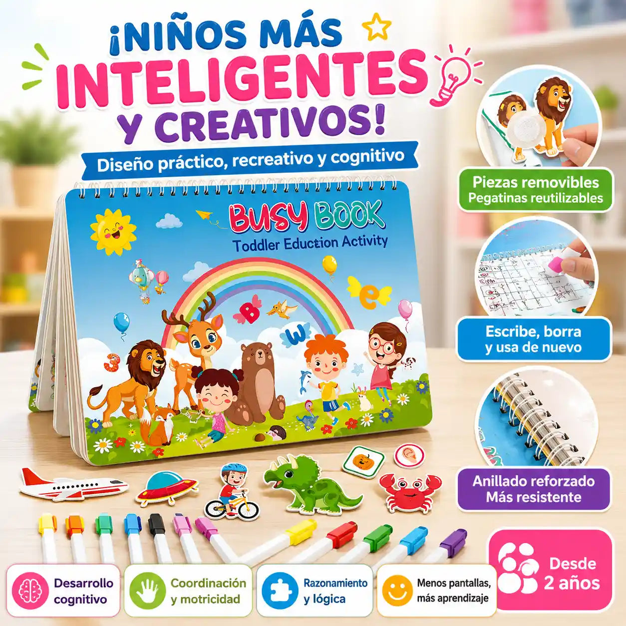 Montessorix® Libro de Entretenimiento Educativo 16 temas, actividades reutilizables + 8 marcadores borrables para niños desde 2 años
