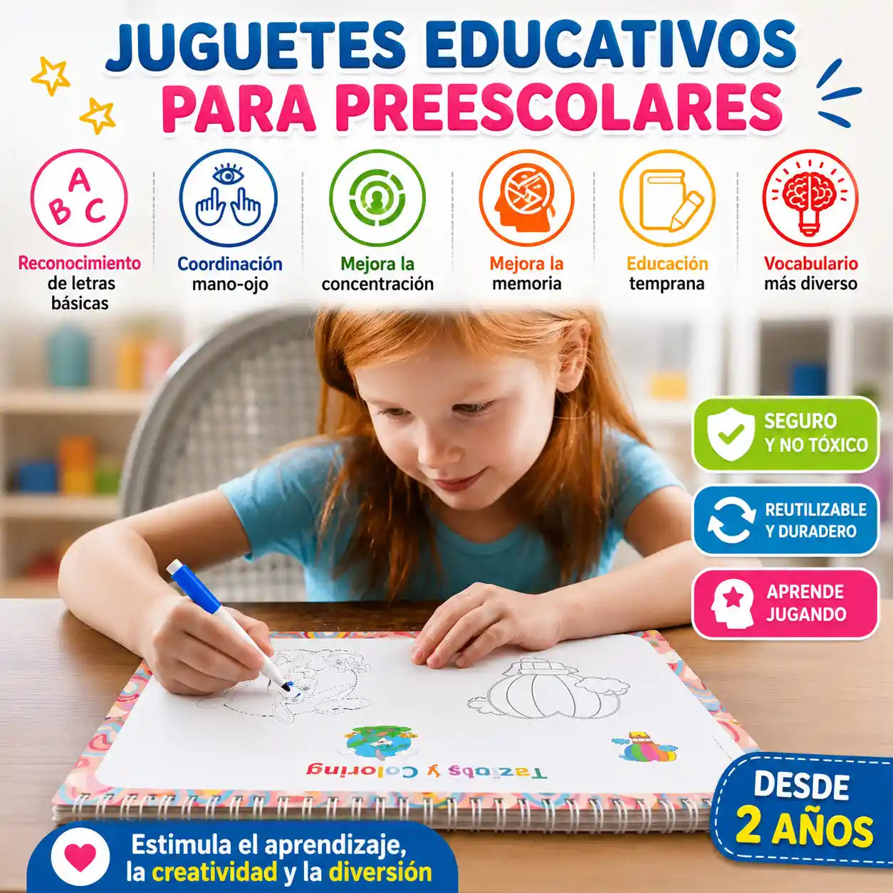 Montessorix® Libro de Entretenimiento Educativo 16 temas, actividades reutilizables + 8 marcadores borrables para niños desde 2 años