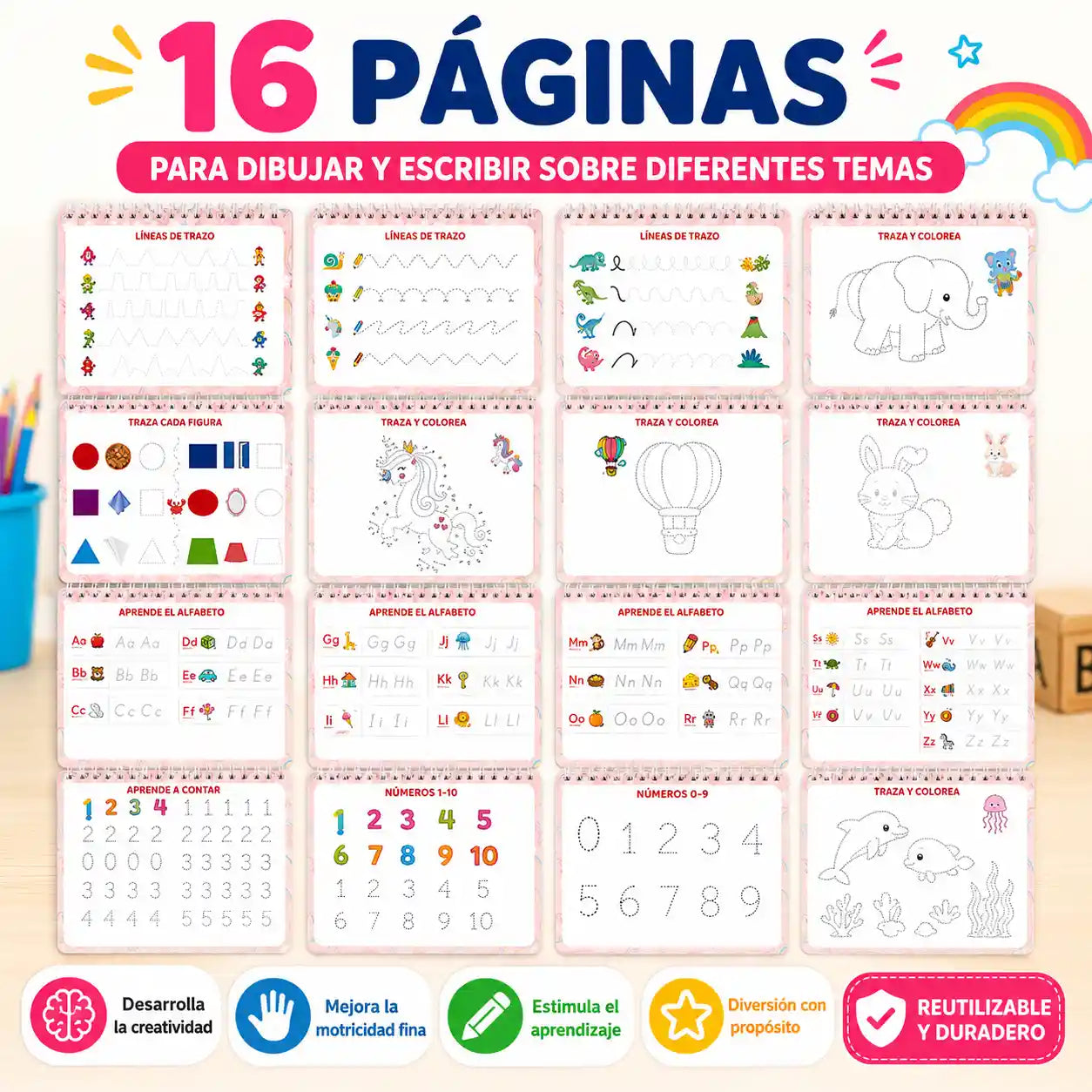 Montessorix® Libro de Entretenimiento Educativo 16 temas, actividades reutilizables + 8 marcadores borrables para niños desde 2 años