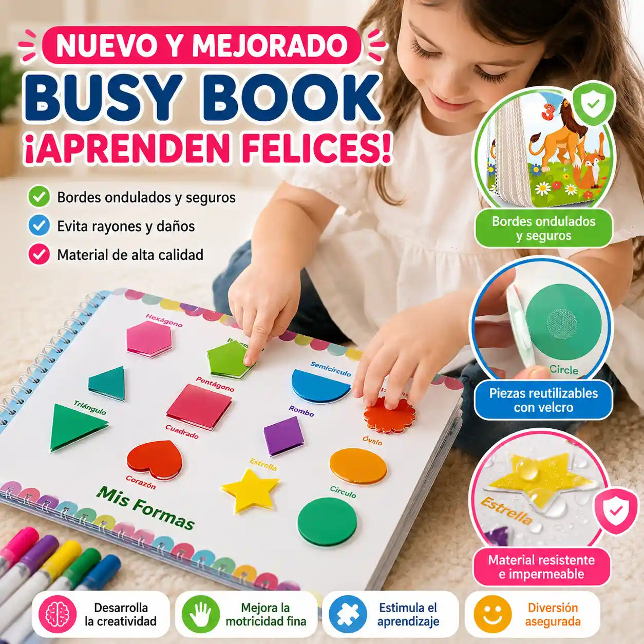 Montessorix® Libro de Entretenimiento Educativo 16 temas, actividades reutilizables + 8 marcadores borrables para niños desde 2 años