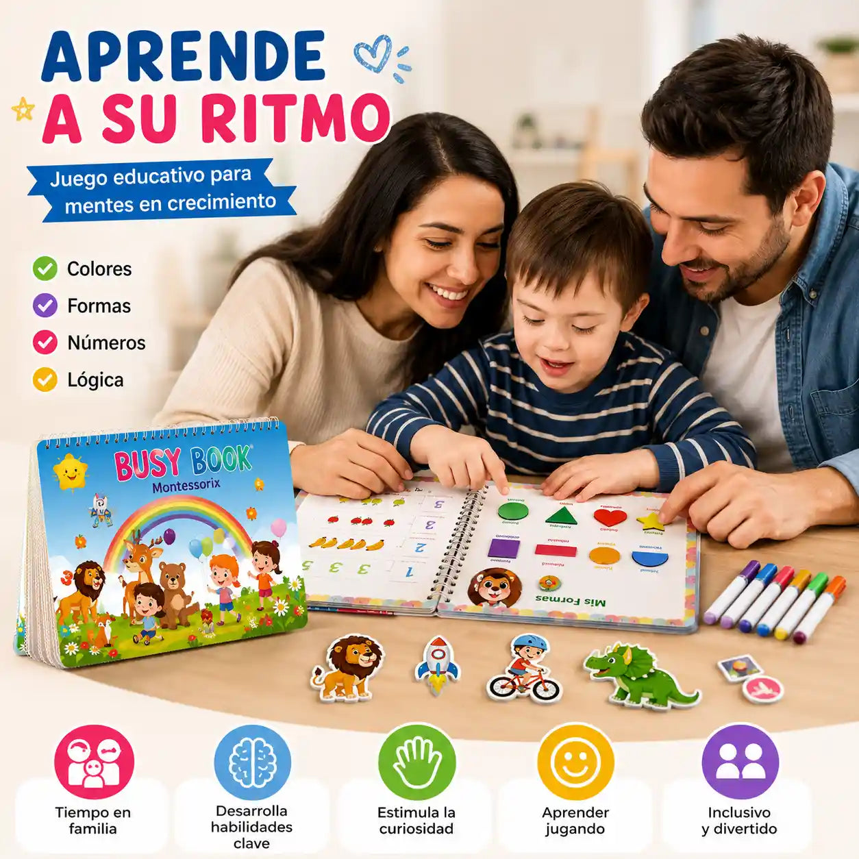 Montessorix® Libro de Entretenimiento Educativo 16 temas, actividades reutilizables + 8 marcadores borrables para niños desde 2 años