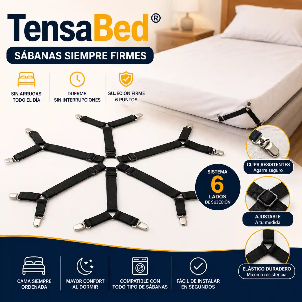 TENSABED® Sujetador Tensor Sabanas Cama 6 Lados