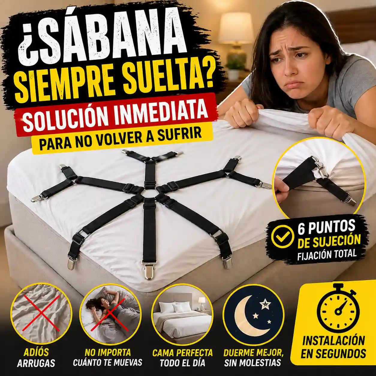 TENSABED® Sujetador Tensor Sabanas Cama 6 Lados